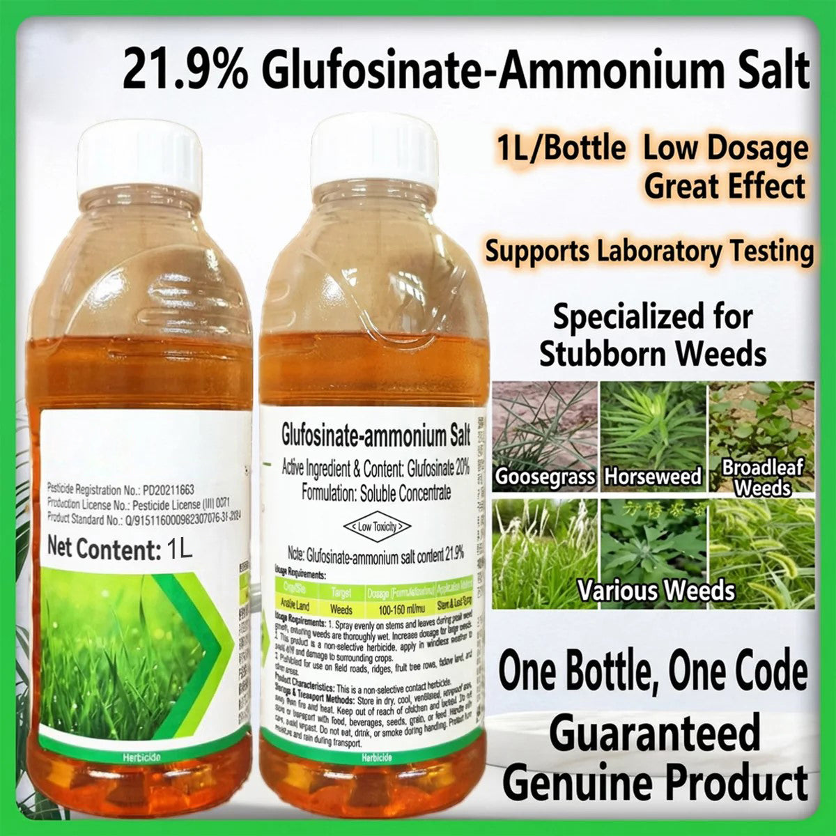 Herbicide Glufosinate Ammonium 20% SL, Herbicide post-levée à action rapide pour vergers, champs et terres non cultivées