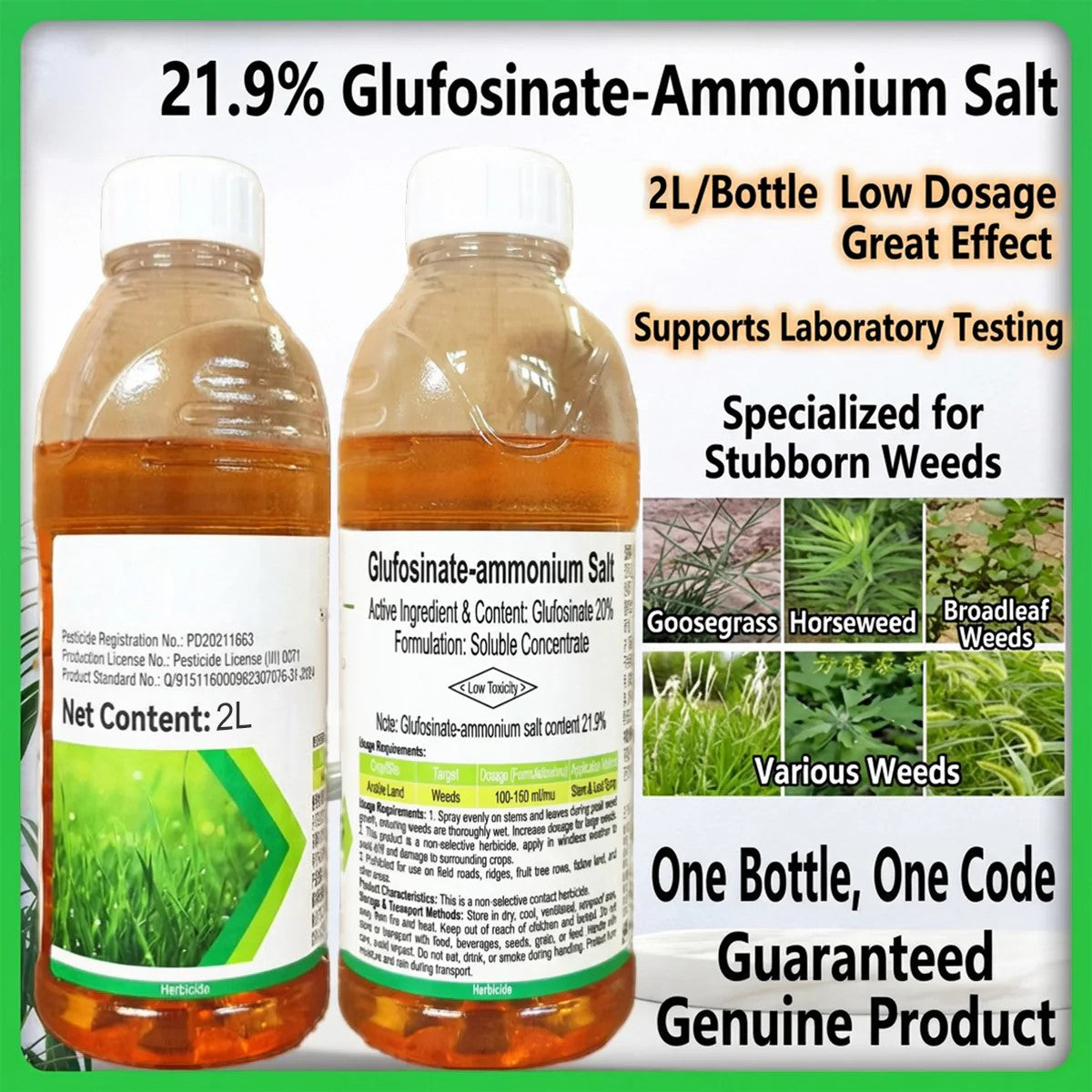 Herbicide Glufosinate Ammonium 20% SL, Herbicide post-levée à action rapide pour vergers, champs et terres non cultivées