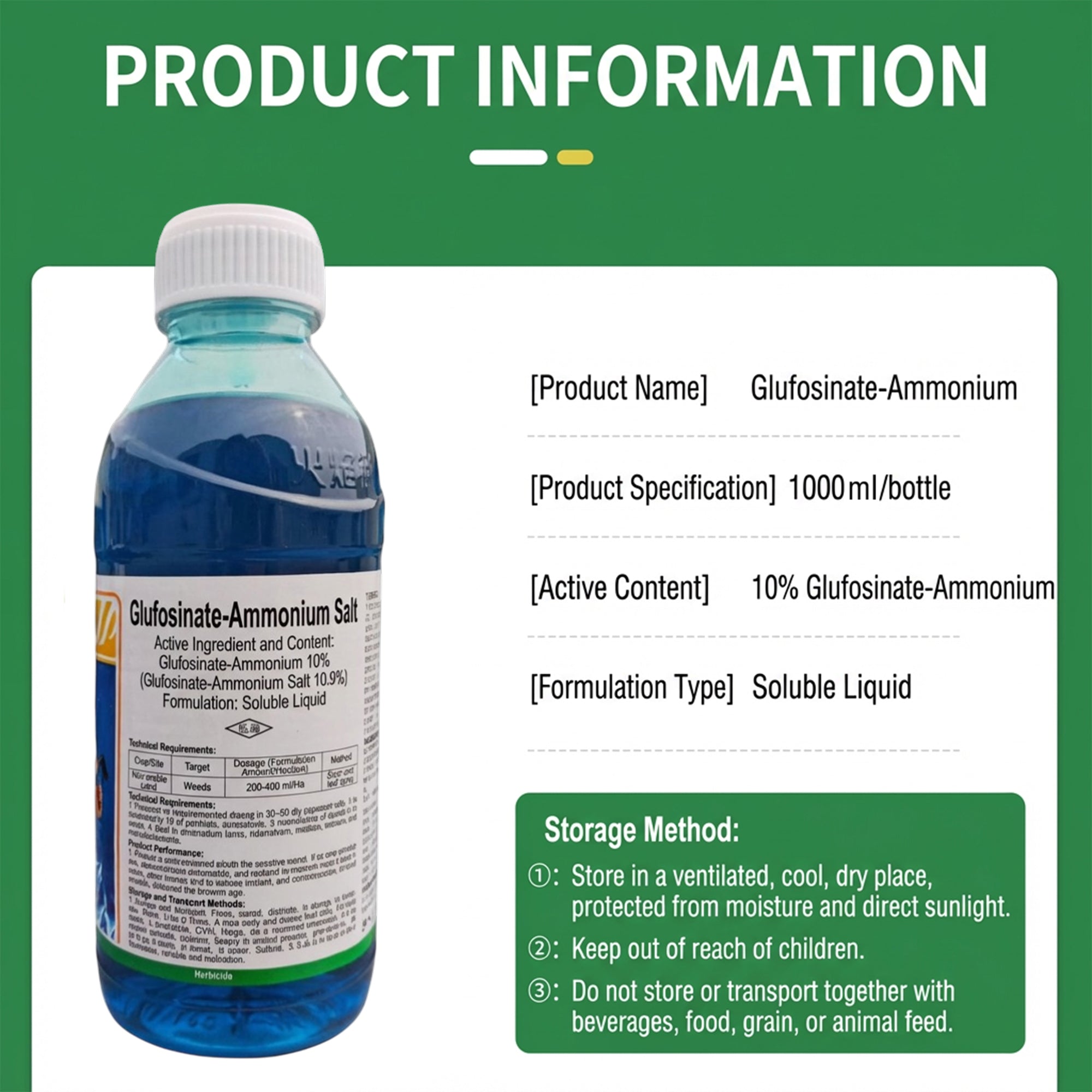Herbicide Glufosinate Ammonium 10% SL, Herbicide non sélectif à large spectre pour l'agriculture