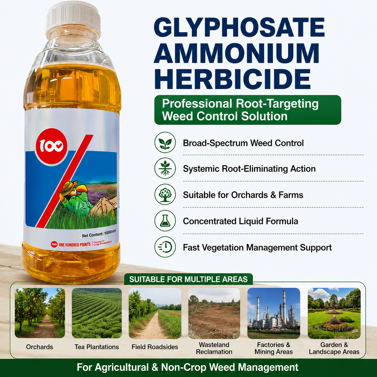 Concentré d'herbicide à l'ammonium de glyphosate pour le contrôle des mauvaises herbes en verger et en agriculture, formule systémique éliminant les racines