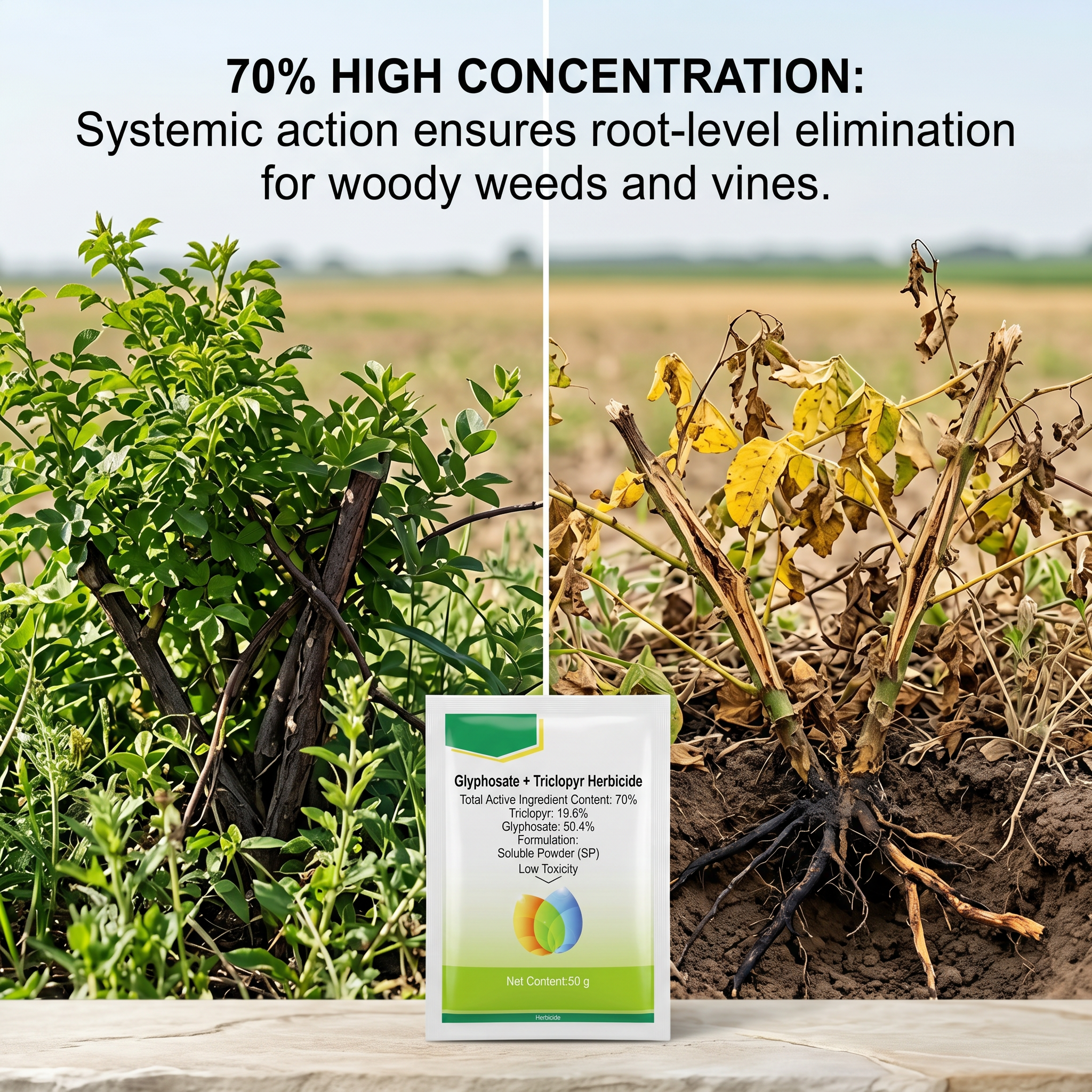 Herbicide à l'acide glyphosate trichloropyrimidinyl 70 % pour le contrôle des mauvaises herbes de la vigne et des arbustes | Gestion systémique des mauvaises herbes