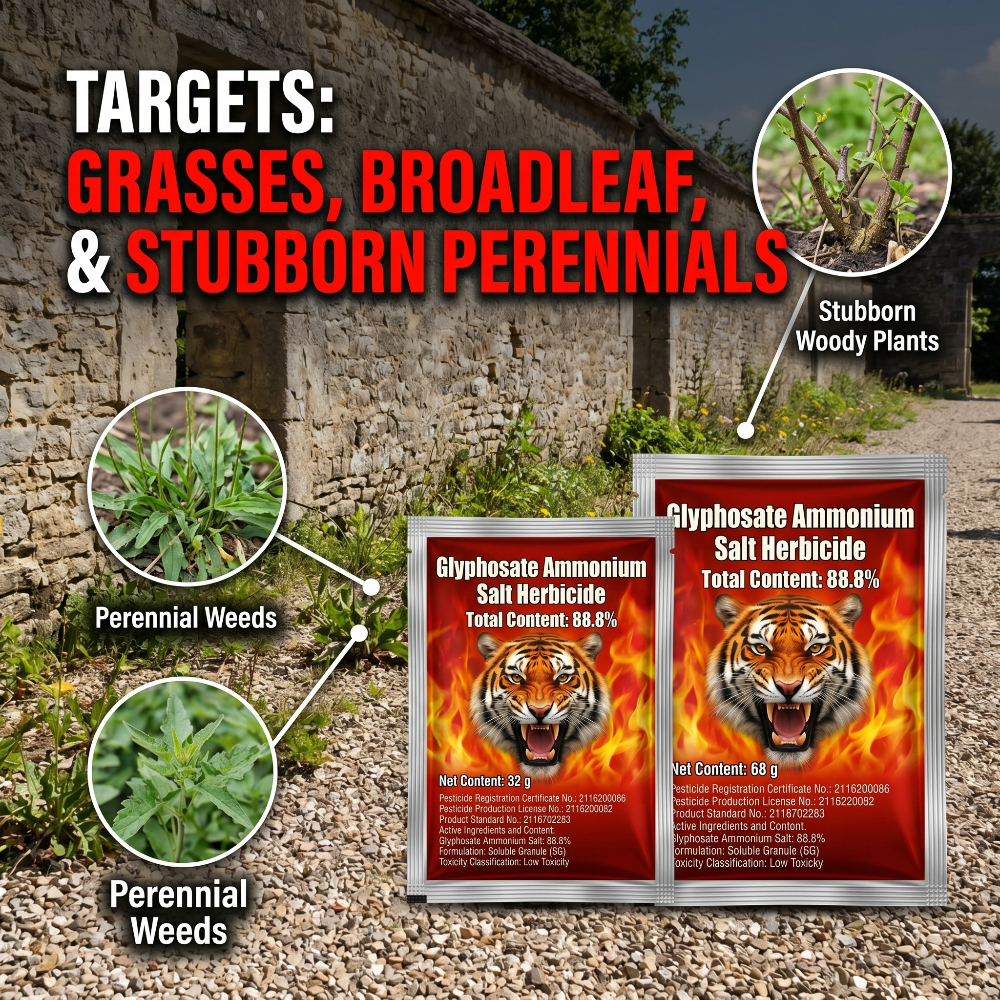 Sel de glyphosate 88,8 % Herbicide à haute concentration pour le contrôle des mauvaises herbes et des racines | Gestion systémique des mauvaises herbes