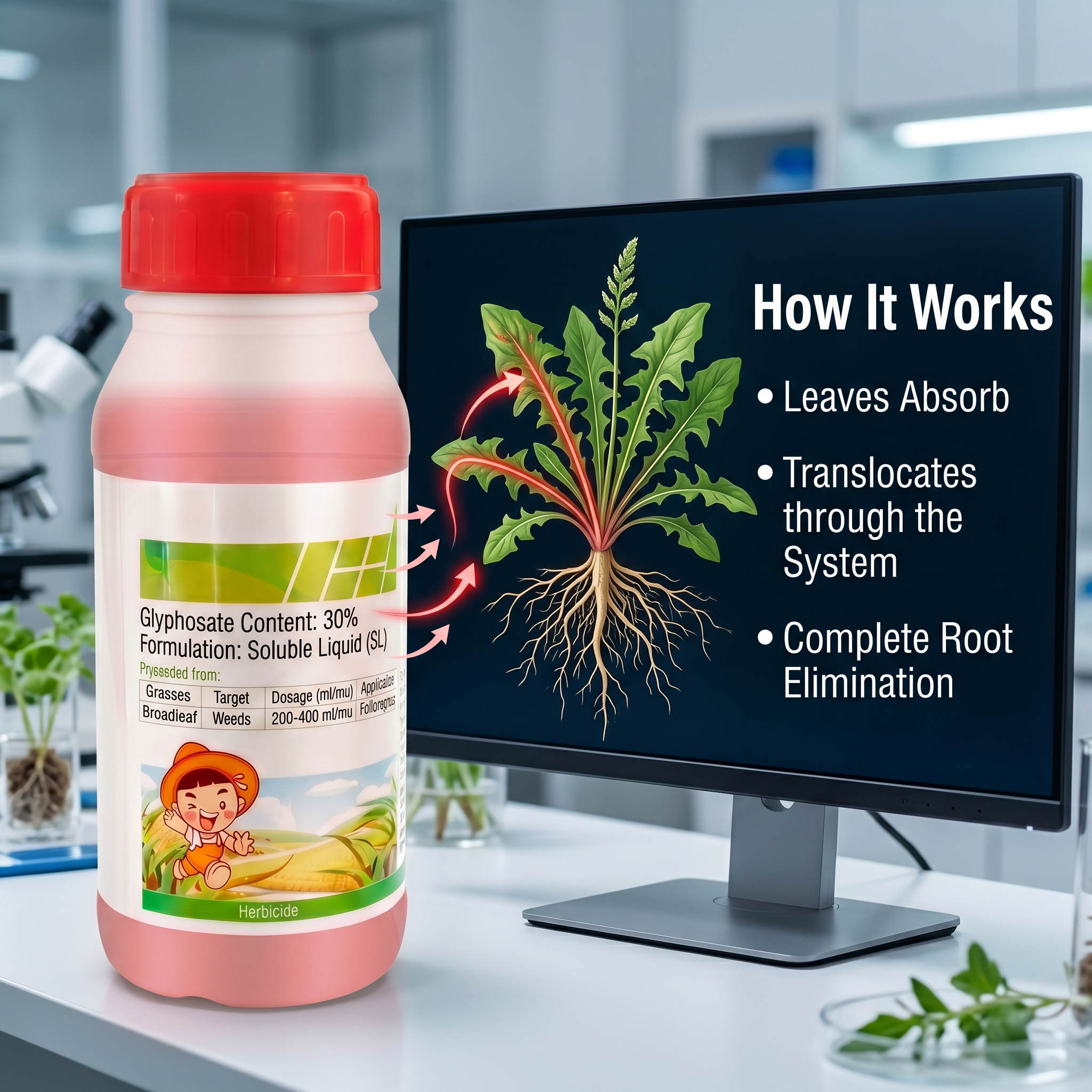 Concentré d'herbicide systémique Glyphosate 30 % SL, contrôle à large spectre des mauvaises herbes pour graminées et dicotylédones