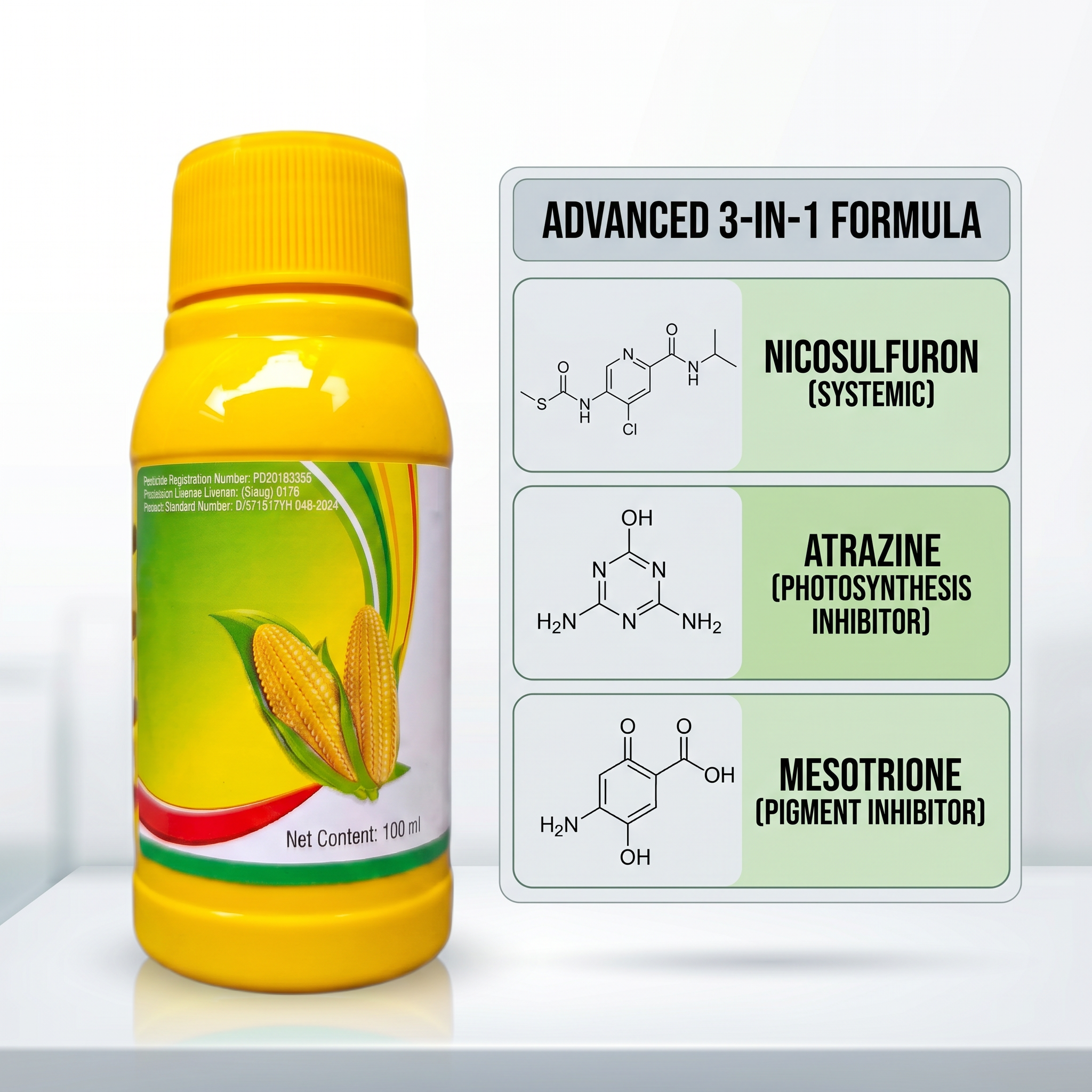 Herbicide SC Nicosulfuron 20 % + Atrazine 6 % + Mesotrione 4 %, désherbage sélectif du maïs en champ