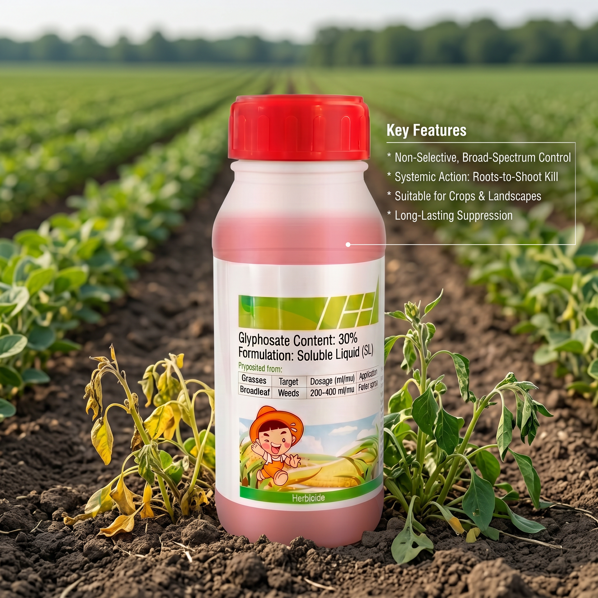 Concentré d'herbicide systémique Glyphosate 30 % SL, contrôle à large spectre des mauvaises herbes pour graminées et dicotylédones
