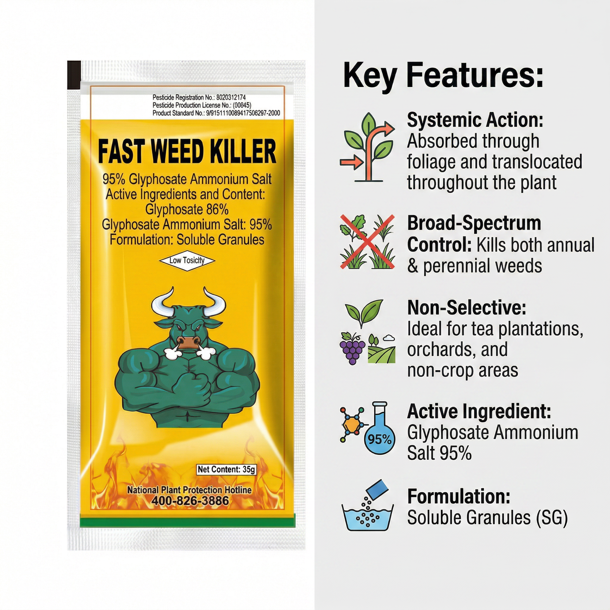Herbicide granulé soluble à 95 % de sel d'ammonium de glyphosate pour le contrôle des mauvaises herbes à large spectre | Gestion systémique des mauvaises herbes