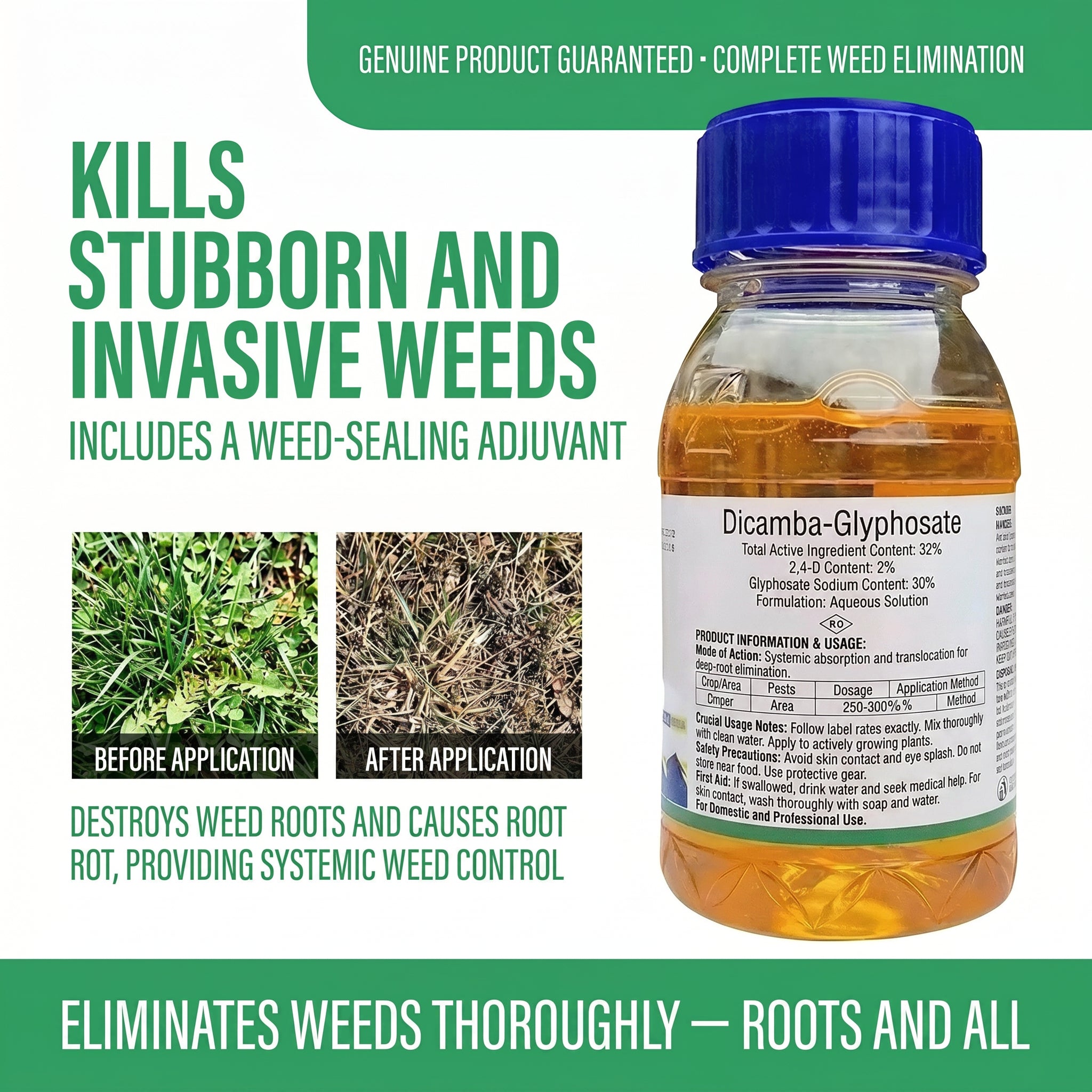 Herbicide Dicamba 2 % + Glyphosate 30 % pour le contrôle des mauvaises herbes à feuilles larges et des graminées dans les champs agricoles